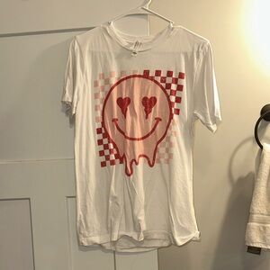 Bella Canvas White Women’s Tee with Red Melting Smiley and Checkerboard